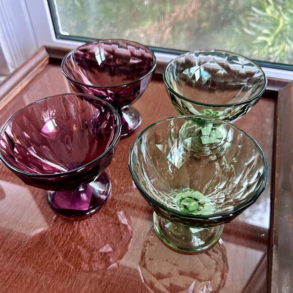 Vintage Green & Purple Bormioli Rocco Diamond Ice Cream Desert Glasses Set of 4 - Picture 1 of 15